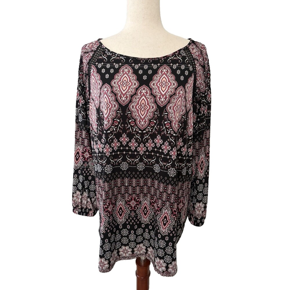 Dressbarn Women’s 1X Black Medallion Print Lace Shoulder Boho Tunic Top Plus